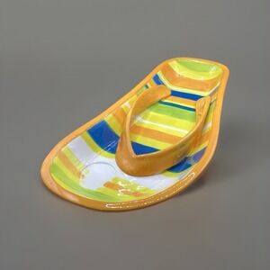 Dennis East Ceramic Striped Flip Flop Platter-14"x8"-Orange, Yellow, Green, Blue
